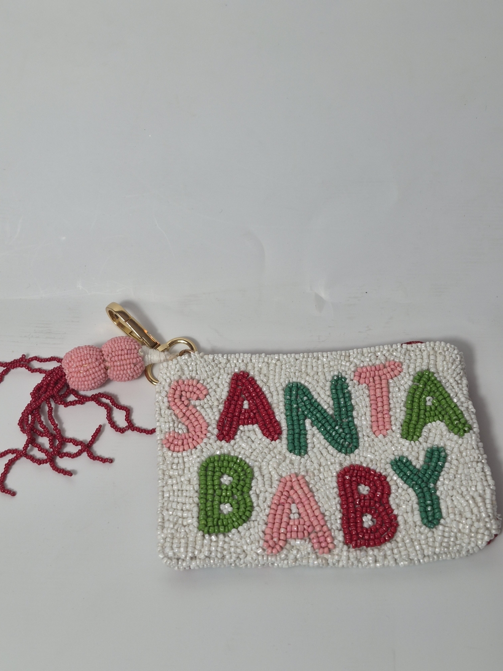Beaded 'SANTA BABY' Zipper Pouch - Festive Pink Green Red